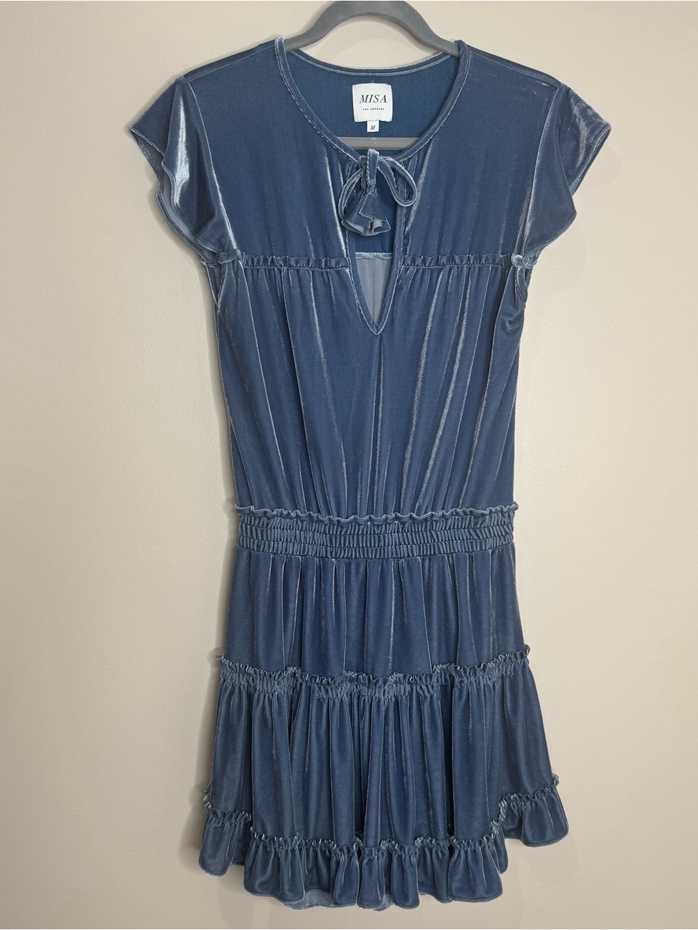 MISA Blue Velvet Tiered Short Flutter Sleeve Boho Mini Dress Medium Tie Neck - Picture 2 of 13